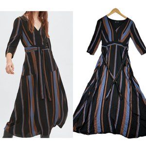 Zara Striped Wrap Belted Dress sz Small Black/Brown/Blue